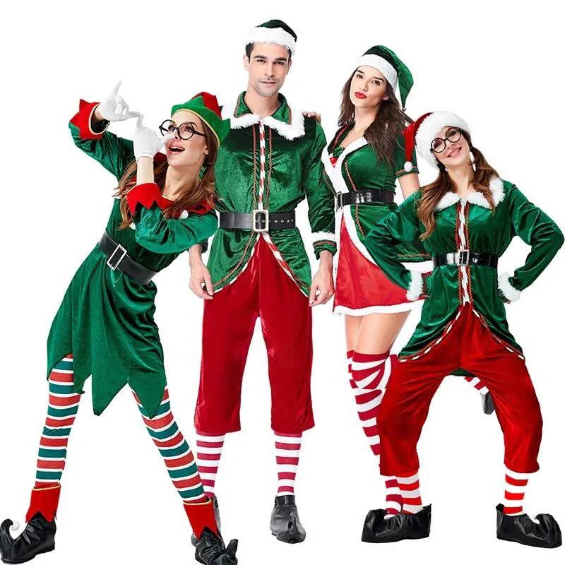 Elf Costume Christmas - ชุดคอสเพลย์ซานตาคลอส ชุดแฟนซีคริสต์มาสสีเขียว ชุดเอลฟ์ ชุดคอสเพลย์คู่รัก ชุดซานตาคลอสชายหญิง ของขวัญชุดคอสเพลย์