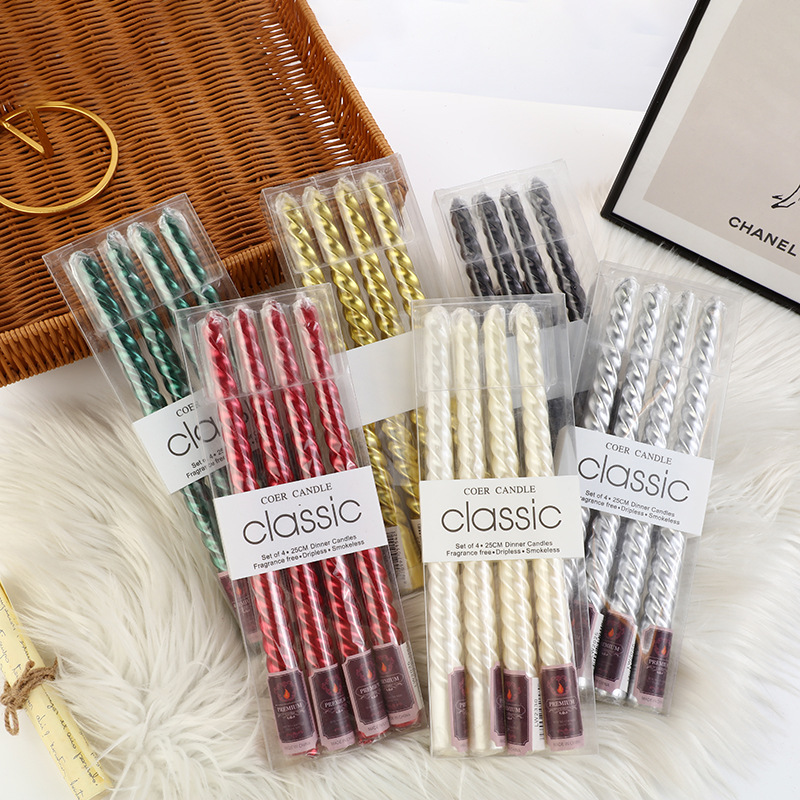 Holiday Candle Set - เทียนทรงสูงแบบยุโรป 4 ชิ้น พร้อมด้ายสี สำหรับตกแต่งบ้าน งานเลี้ยงอาหารค่ำสุดโรแมนติก