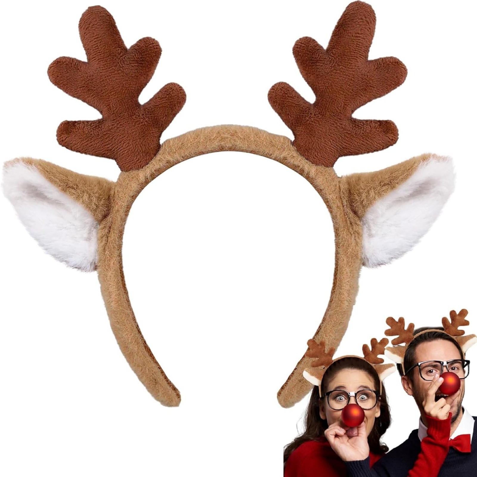 Reindeer Antlers Headband - ที่คาดผมเขากวางเรนเดียร์คริสต์มาส 1 ชิ้น - เครื่องประดับผมขนปุยสำหรับเทศกาลพร้อมหู ตกแต่งงานปาร์ตี้วันหยุดน่ารัก