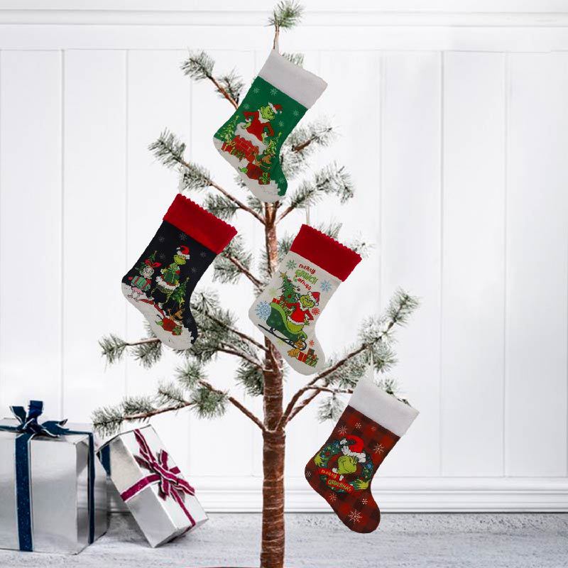 Christmas Stocking Hanging - ถุงน่องคริสต์มาส Grinch ถุงเท้า Elf ของขวัญกระเป๋าการ์ตูนสีเขียว Monster